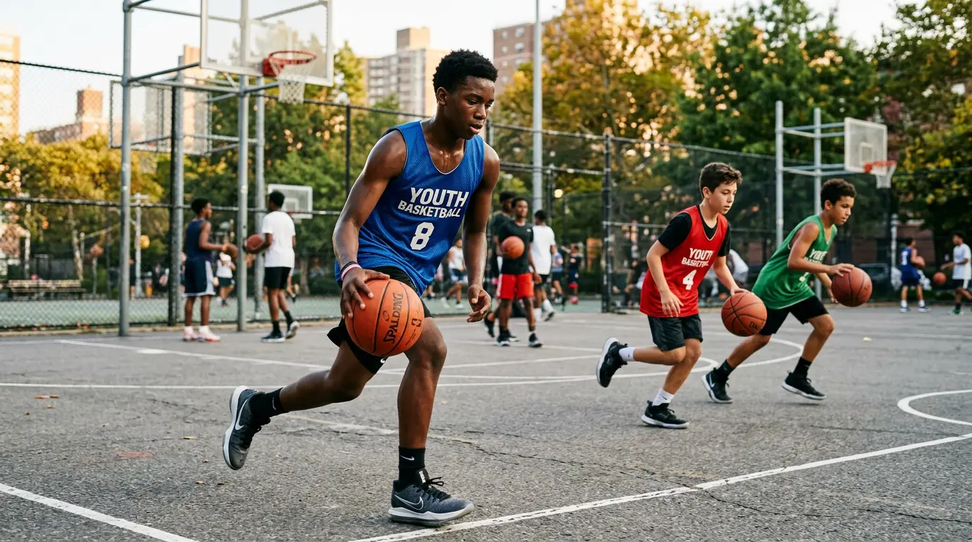 Coach leading a group of youth players in cutting and off-ball movement drills using cones and defined spaces on the court
