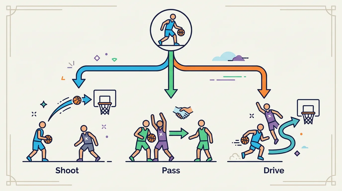 Simplified decision chart for perimeter players showing when to choose shooting, passing, or driving based on defender position