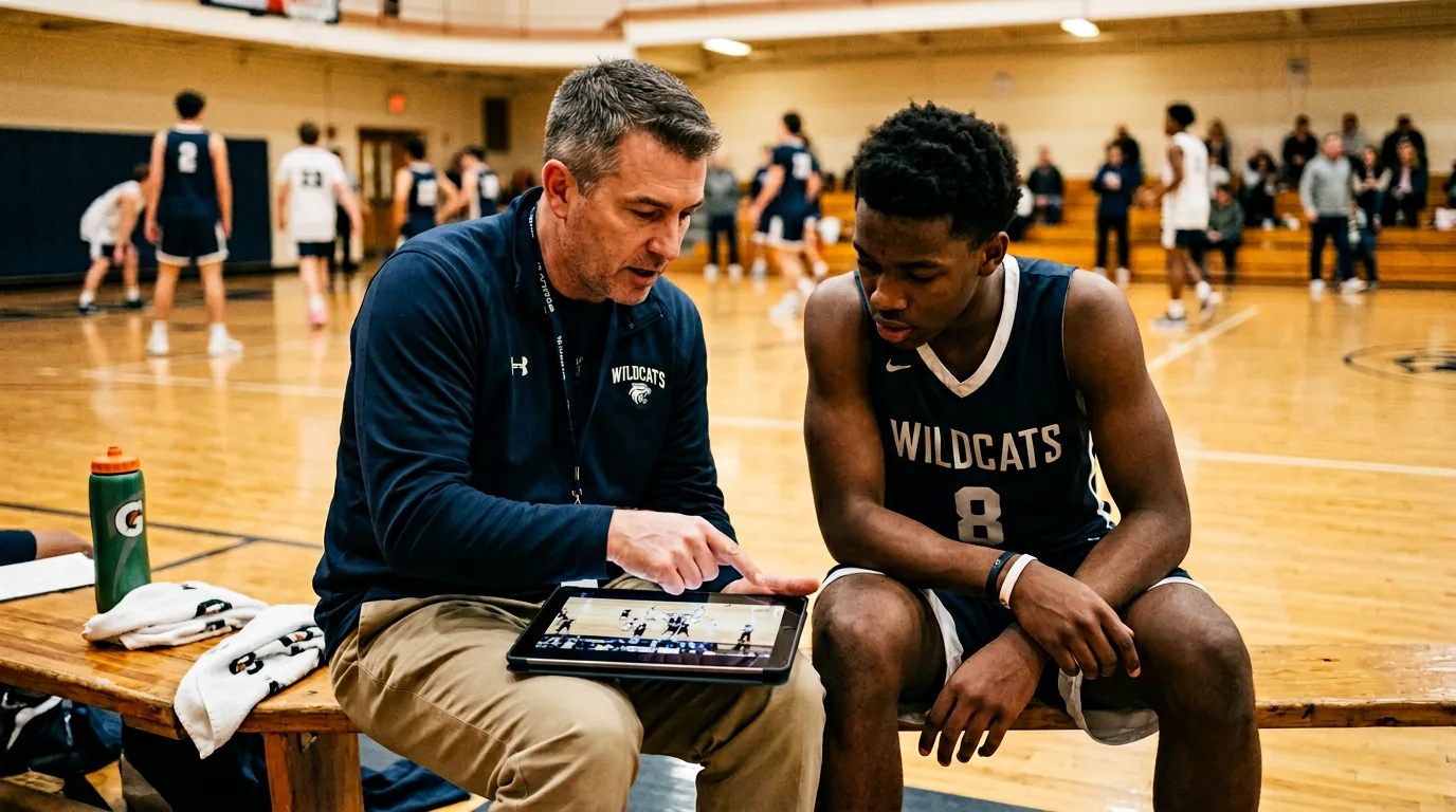 Coach and young player watching game footage on a tablet to analyze perimeter play decisions