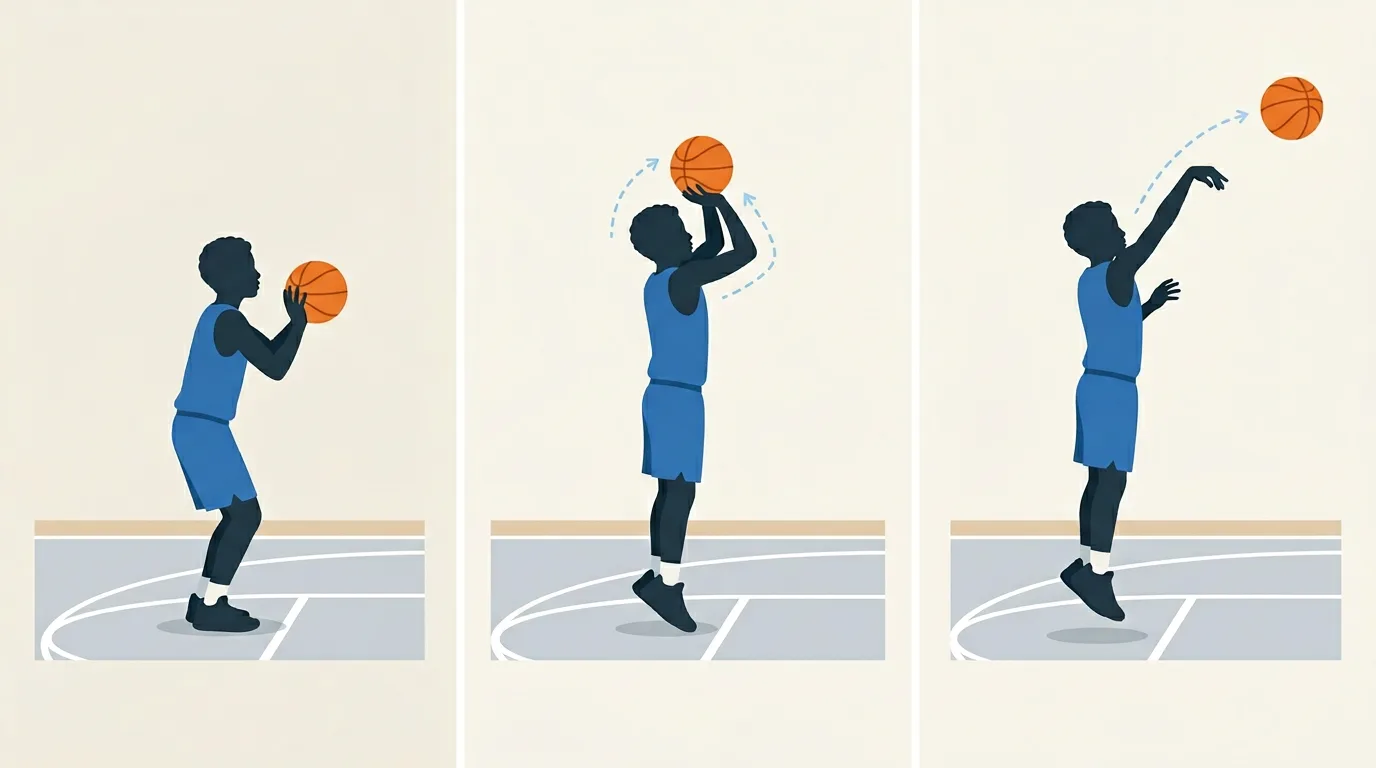 Three shots showing the stages of perimeter shooting for a young player: ready position, rise, and follow-through