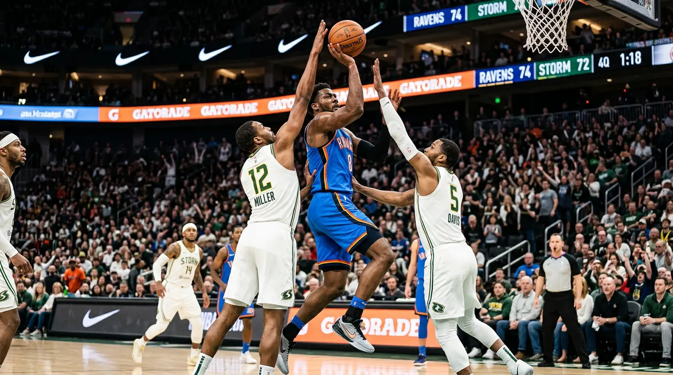 Defender closing out on a young perimeter player during a perimeter shooting drill in an indoor gym