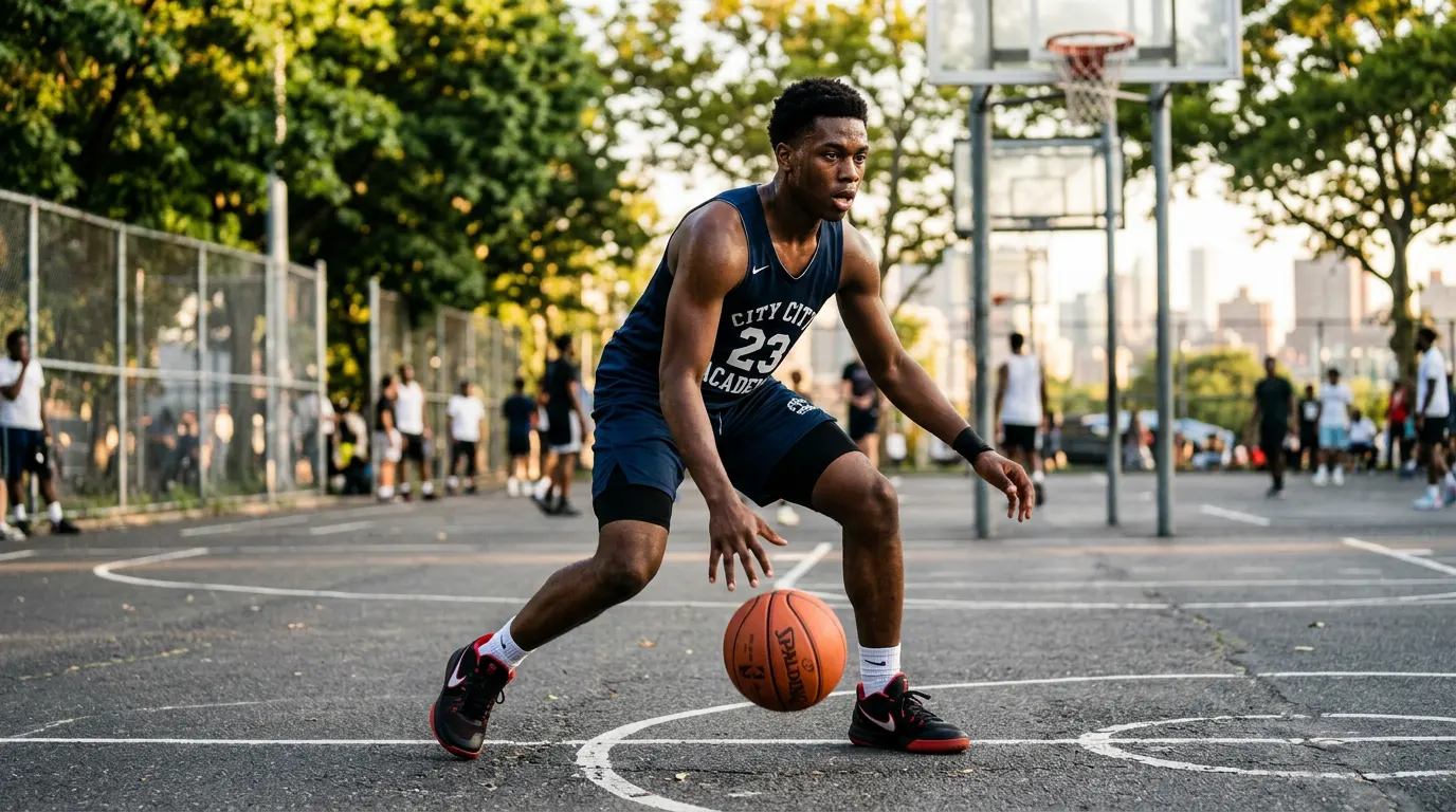 Young basketball player practicing balance and ball control under light pressure from the coach in an indoor gym
