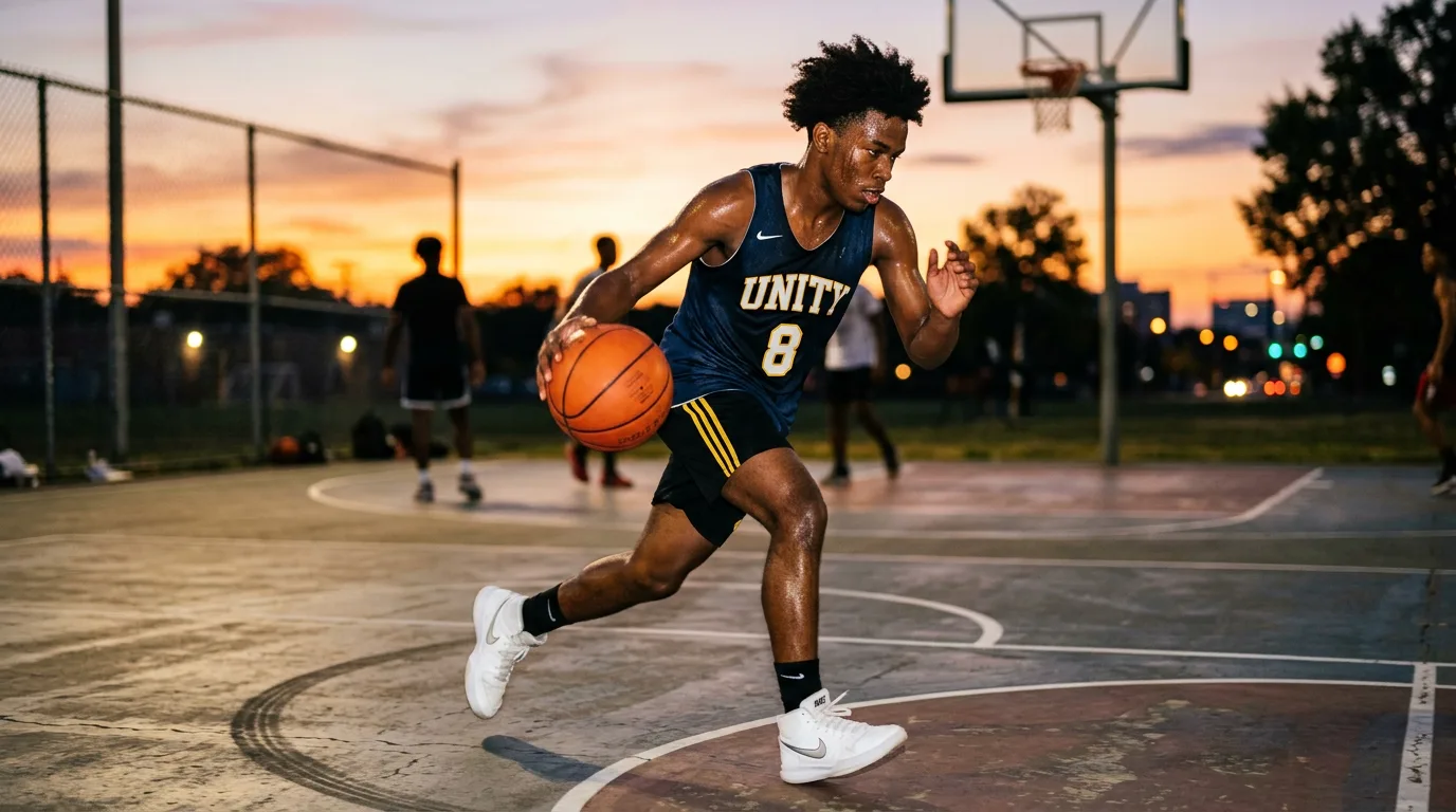 Youth basketball training with players standing on the perimeter learning the perimeter player stance
