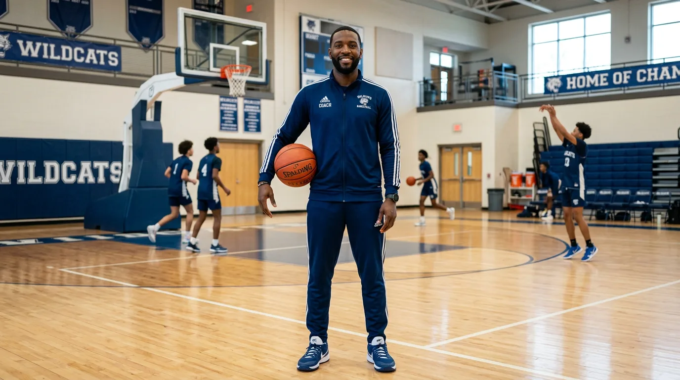 Basketball coach explaining training methodology and perimeter development principles to young players